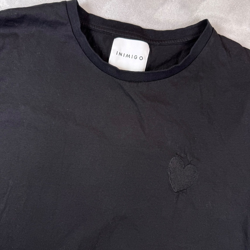 INIMIGO Black Organic Cotton T Shirt‎ Heart Patch Crew Neck Size L